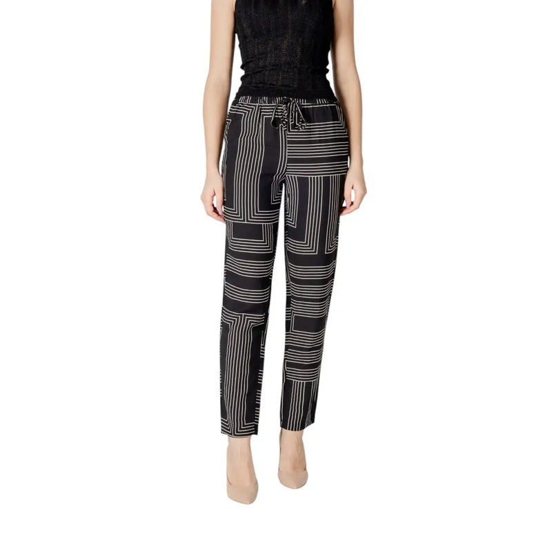 Jacqueline de yong women black and white geometric viscose trousers with drawstring waist for casual wear