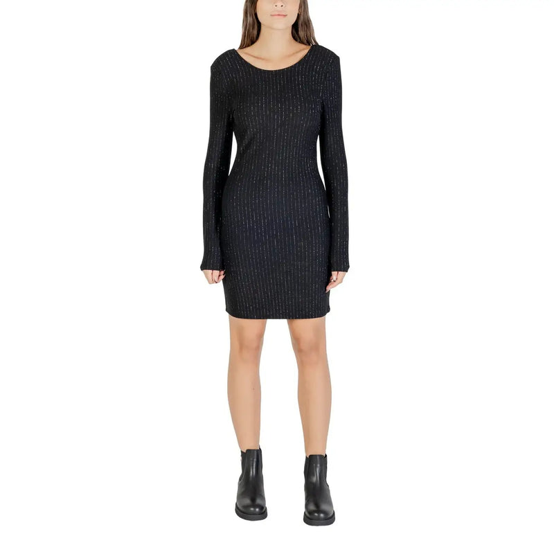 Jacqueline De Yong women black pinstripe knit dress with subtle shimmering threads in elegant design