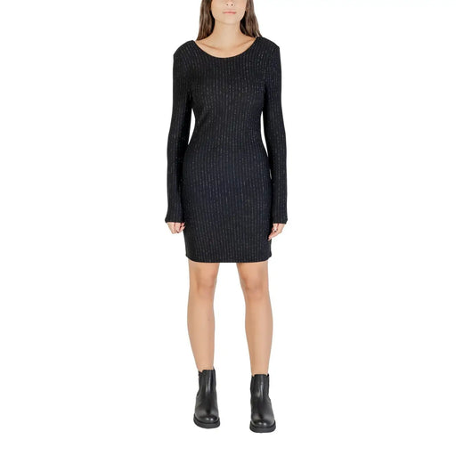 Jacqueline De Yong women black pinstripe knit dress with subtle shimmering threads in elegant design