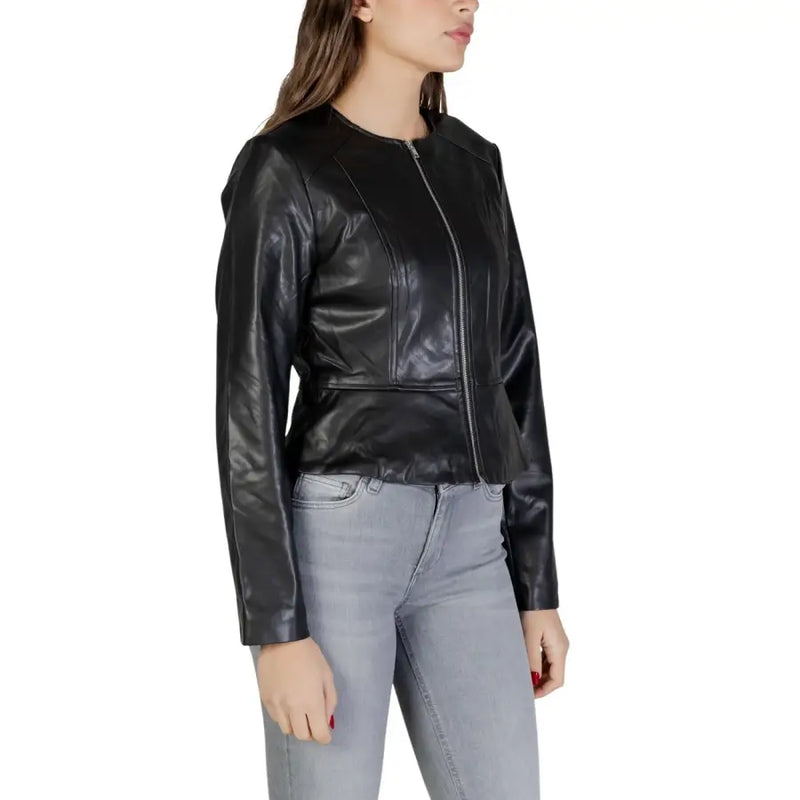 Jacqueline de yong women black polyester blazer with zip featuring a central zipper and peplum hem