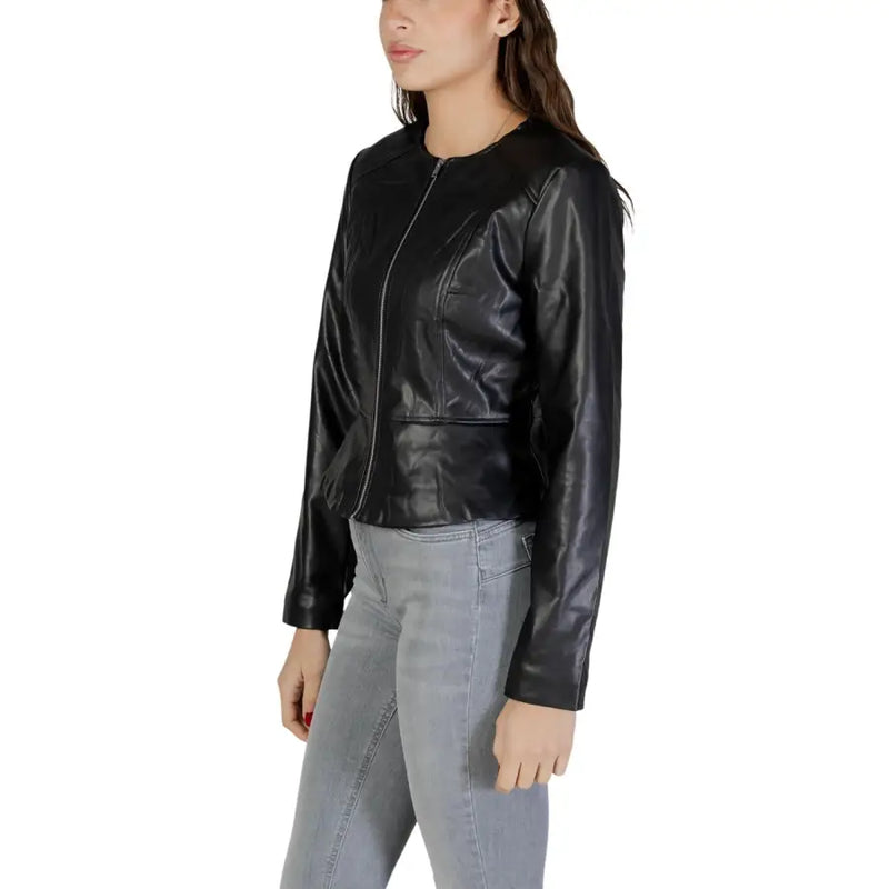 Jacqueline de Yong women black polyester blazer with zip and subtle stitching details on a faux leather biker design