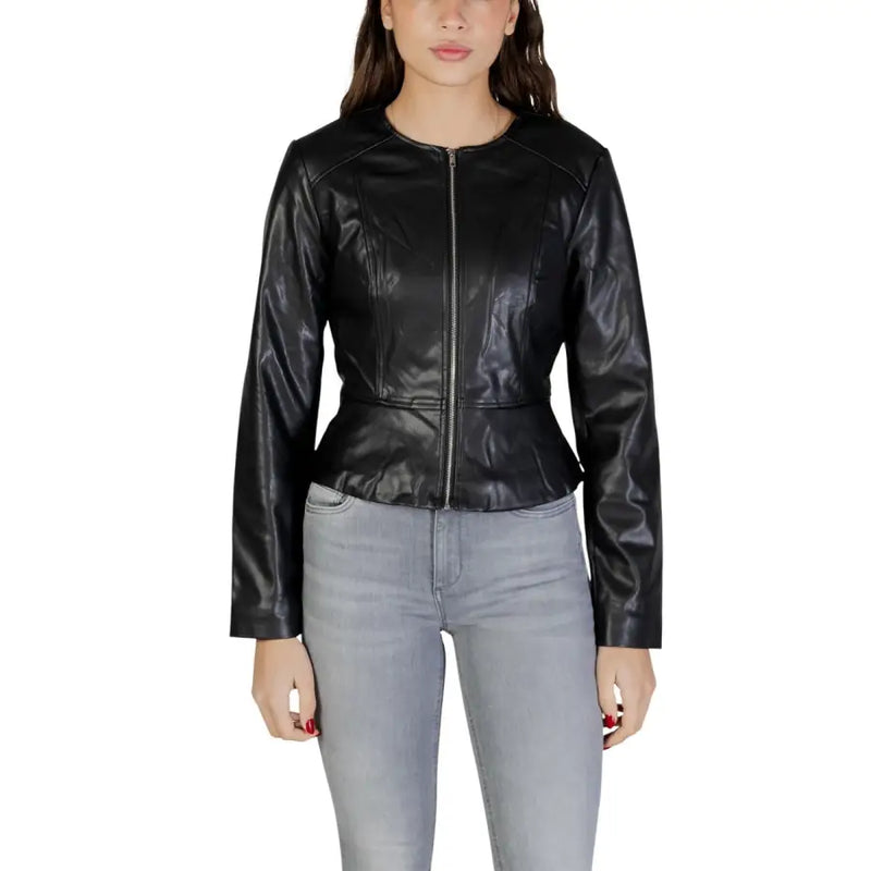 Jacqueline de yong women black polyester blazer with zip featuring black faux leather peplum jacket with central zipper and structured seams