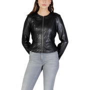 Black leather moto jacket with peplum hem and front zipper styled as jacqueline de yong women black polyester blazer with zip