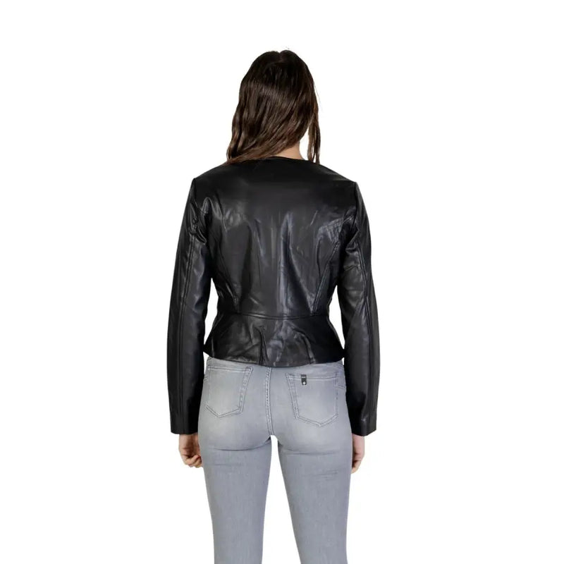 Jacqueline de yong women black polyester blazer with zip featuring a sleek fitted black leather moto jacket design