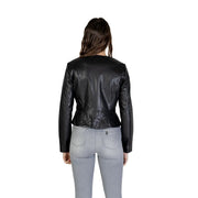 Jacqueline de yong women black polyester blazer with zip featuring a sleek fitted black leather moto jacket design