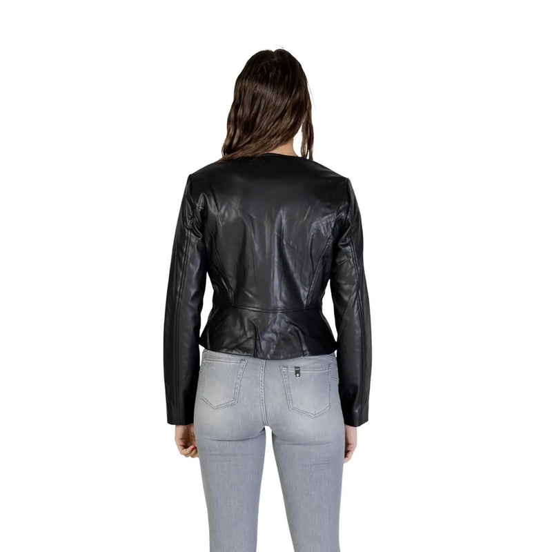 Jacqueline de yong women black polyester blazer with zip featuring a sleek fitted black leather moto jacket design