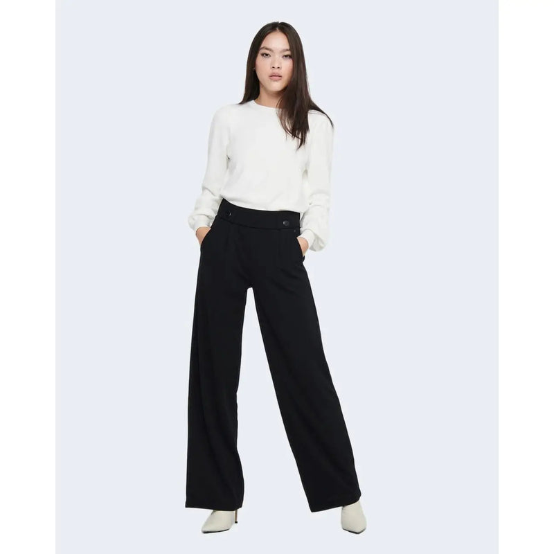 Jacqueline de yong women black high-waisted wide-leg slip-on trousers with sleek tailored fit and front button detail