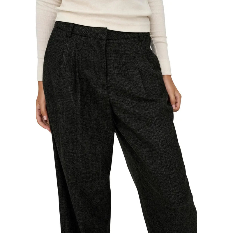 Jacqueline de yong women black wool blend trousers with subtle herringbone pattern pleated front and zip pockets