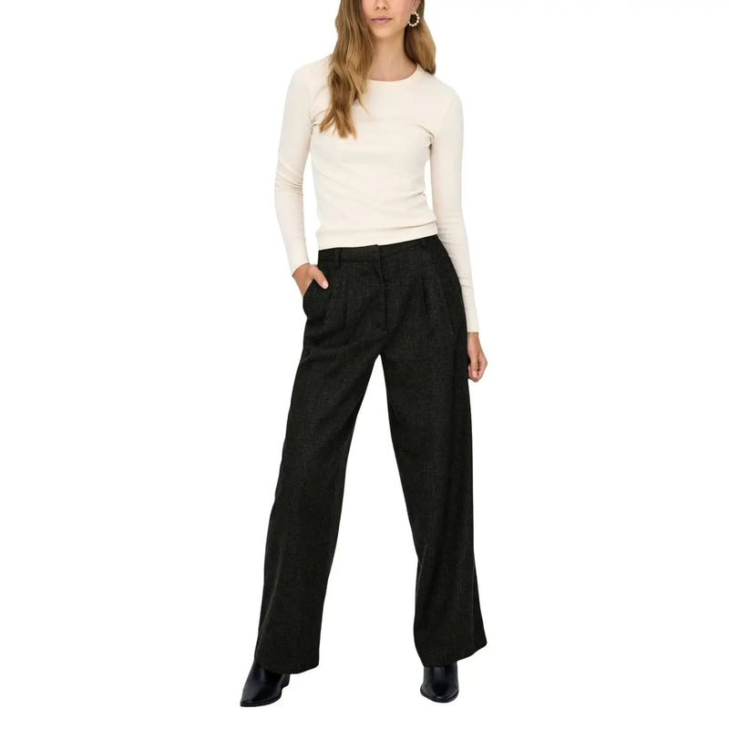 Jacqueline de yong women black wide-leg trousers with subtle textured pattern high waistband zip front pocket