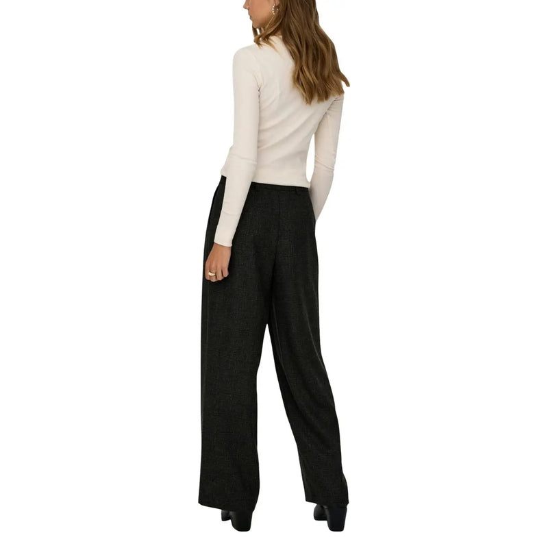 Jacqueline de yong women black wide-leg trousers with subtle textured pattern high waistband and zip front pocket