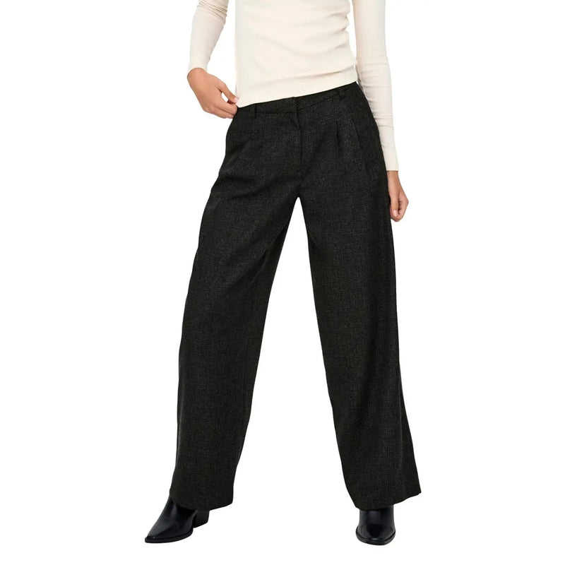 Jacqueline de yong women black wide-leg trousers with subtle textured pattern pleated front and zip front pockets