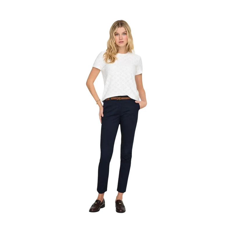 Navy blue slim-fit cotton chino belt trousers for women by jacqueline de yong with straight leg and belt loops