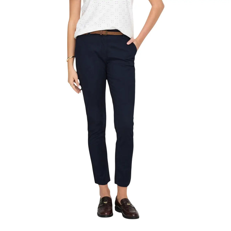 Navy blue slim-fit chino belt trousers for women made of cotton by jacqueline de yong displayed front view