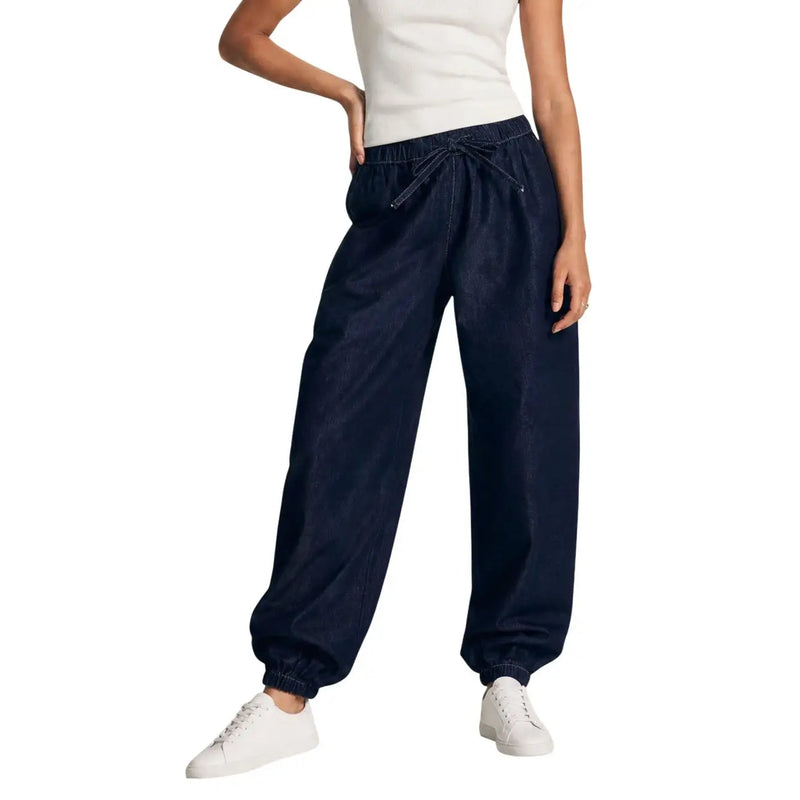 Jacqueline de Yong Damen-Jeans aus blauem Denim, normale Passform, dunkelblaue Jogginghose aus Denim mit elastischem Bund und gerippten Bündchen