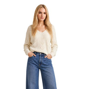 Jacqueline de yong women blue glitter knit sweater featuring a cream-colored v-neck cable-knit long-sleeve design