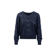 Jacqueline De Yong women blue glitter knit sweater with navy blue v-neck and chevron pattern in knitted fabric
