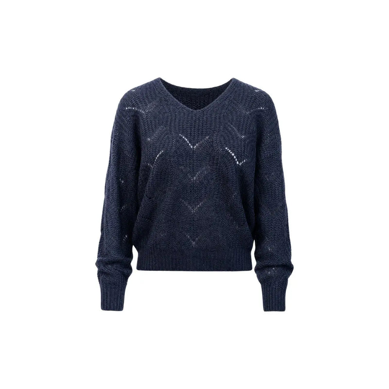 Jacqueline De Yong women blue glitter knit sweater with navy blue v-neck and chevron pattern in knitted fabric