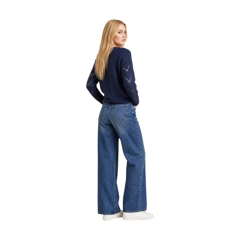 Jacqueline de yong women blue glitter knit sweater in navy blue with a textured pattern and sleeve embellishments