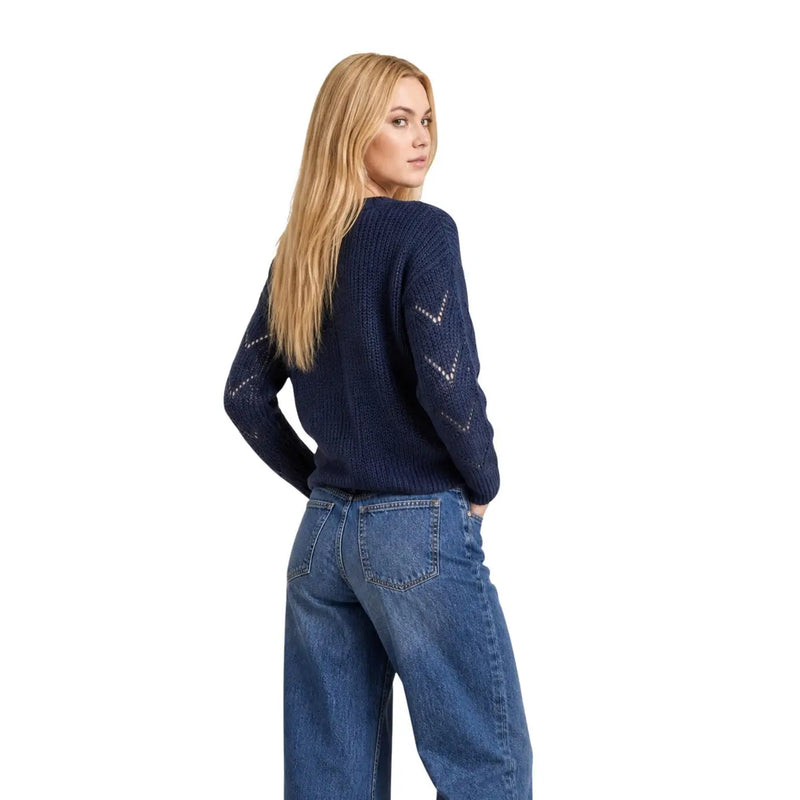 Jacqueline de yong women blue glitter knit sweater in navy blue with textured pattern and geometric sleeve detailing
