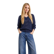 Jacqueline de yong women blue glitter knit sweater with navy blue textured v-neck design in knitted material