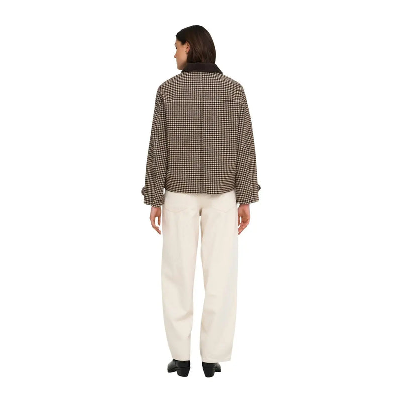 Jacqueline de yong women brown checked blazer wool blend with a dark collar made of brown and black checkered fabric