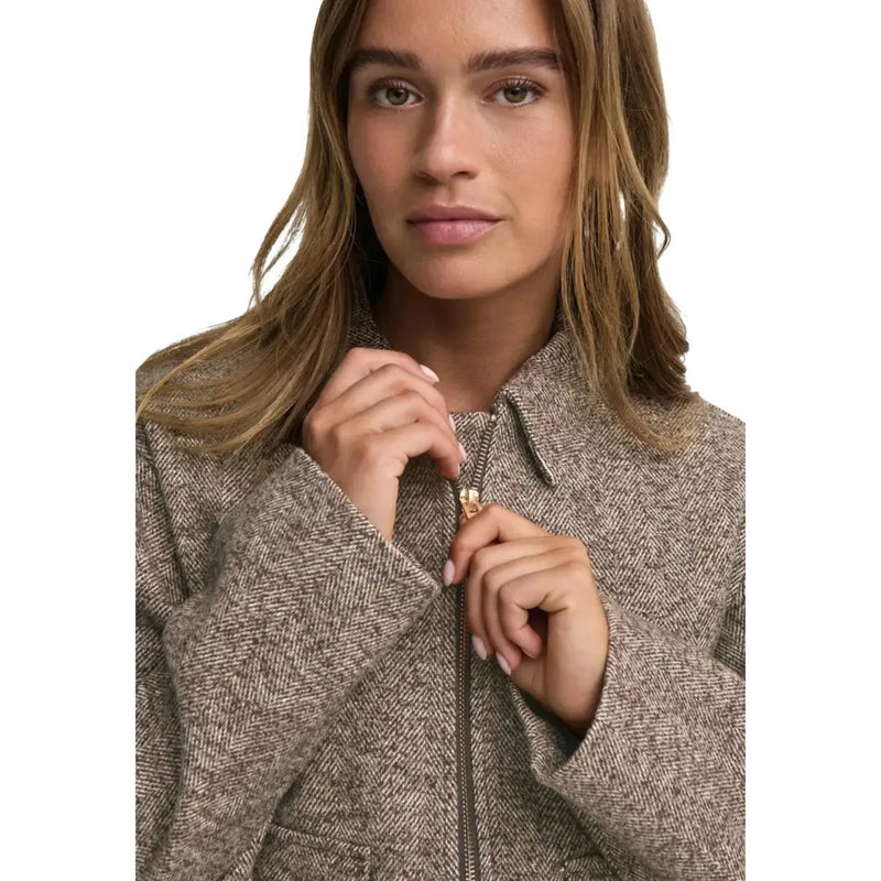 Jacqueline de yong women brown herringbone polyester blazer featuring a textured beige wool coat with gold-toned zipper