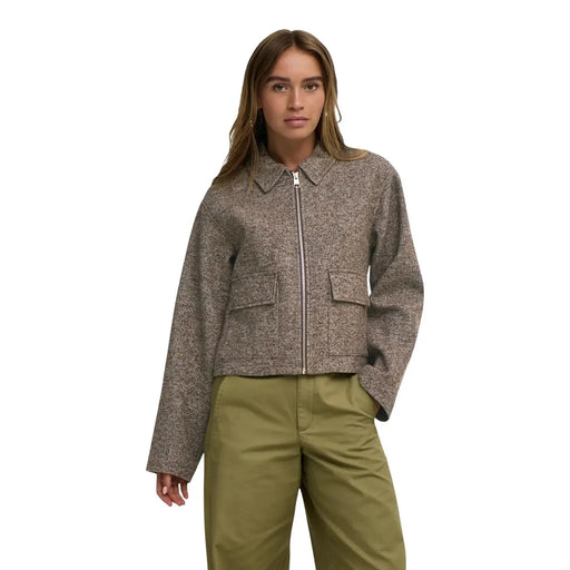 Jacqueline de Yong Damenblazer aus braunem Fischgrät-Polyester mit strukturiertem, gedecktem braunem Tweed-Einsatz und Reißverschluss vorne
