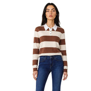 Jacqueline de Yong women brown and cream striped long-sleeved polo knitwear pullover with white collar and buttons