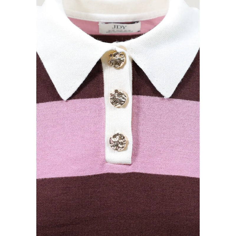 Jacqueline de yong women brown polo knitwear pullover with white collar, gold buttons, dusty rose and burgundy stripes