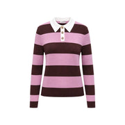 Jacqueline de yong women brown polo knitwear pullover with pink and brown stripes, white collar, and decorative buttons