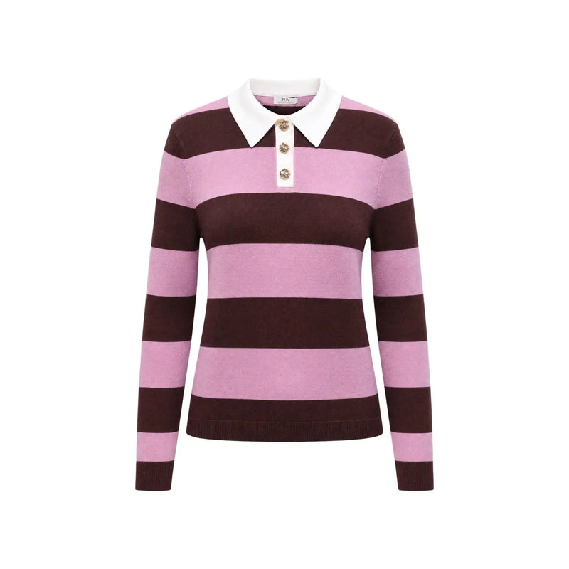 Jacqueline de yong women brown polo knitwear pullover with pink and brown stripes, white collar, and decorative buttons