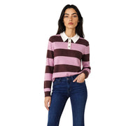 Jacqueline De Yong women brown polo knitwear pullover featuring soft pink and burgundy stripes with white collar and buttons