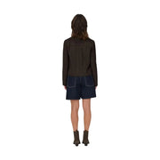 Jacqueline de yong women brown suede blazer jacket with dark olive green long-sleeved structured fit and seam detailing