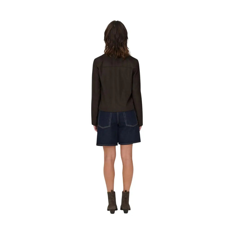 Jacqueline de yong women brown suede blazer jacket with dark olive green long-sleeved structured fit and seam detailing