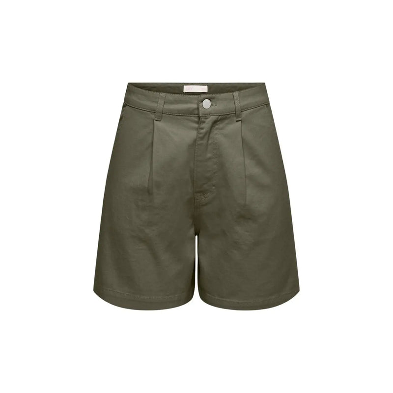Olive green cotton pleated denim shorts for women by jacqueline de yong with button closure and belt loops