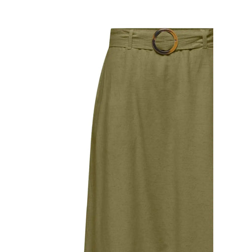 Jacqueline de yong women green linen blend belted skirt with olive green fabric and gold toned circular belt buckle
