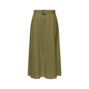 Jacqueline de yong women green linen blend high waisted midi skirt with woven belt and circular metal buckle