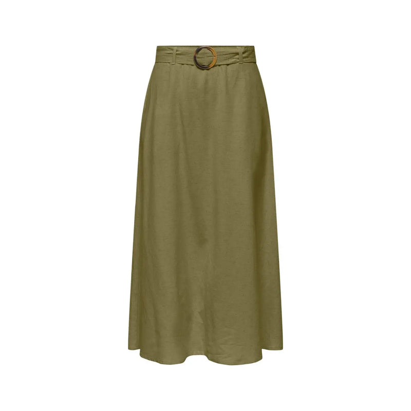 Jacqueline de yong women green linen blend high waisted midi skirt with woven belt and circular metal buckle