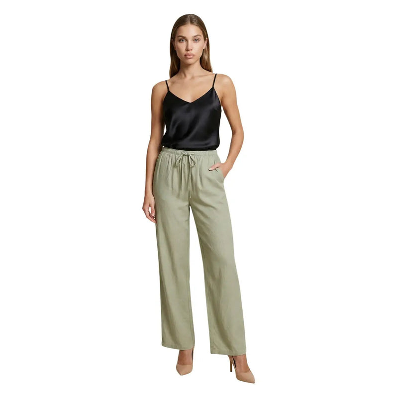 Olive green wide-leg linen trousers with drawstring waistband by jacqueline de yong for women