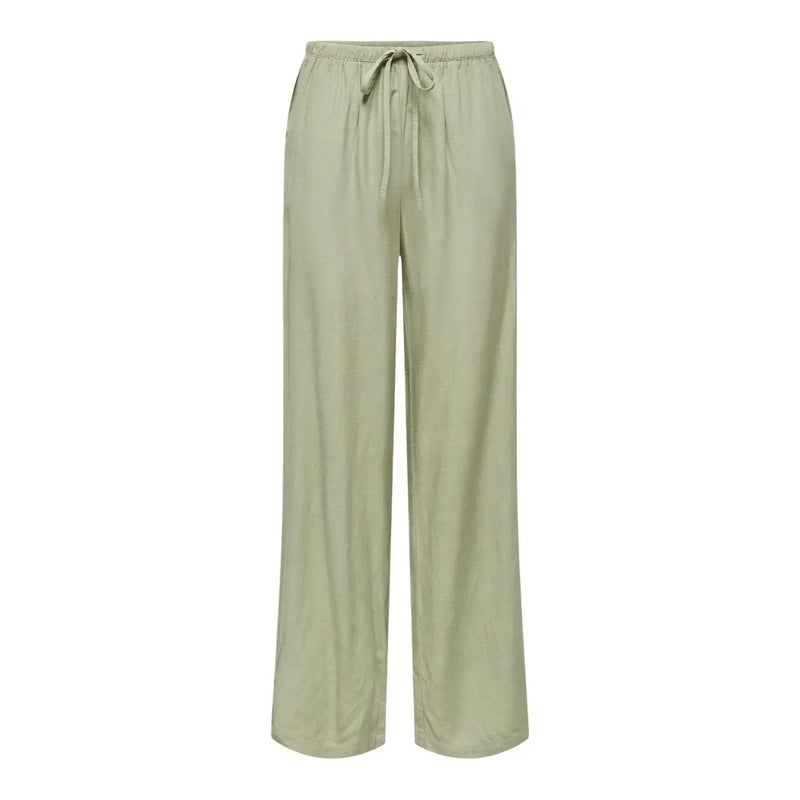 Sleek olive green wide leg linen trousers with a drawstring waistband from jacqueline de yong women collection