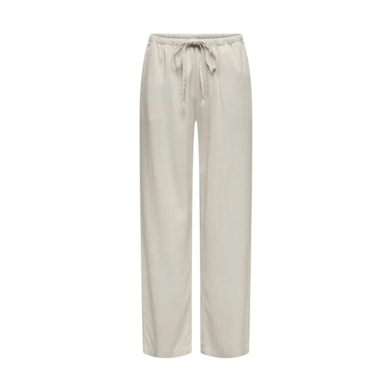 Jacqueline de yong women grey linen trousers regular fit shown as beige satin wide-leg pants with elastic waistband and drawstring