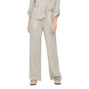 Jacqueline de yong women grey linen trousers regular fit with beige wide-leg design drawstring waist and subtle pleats
