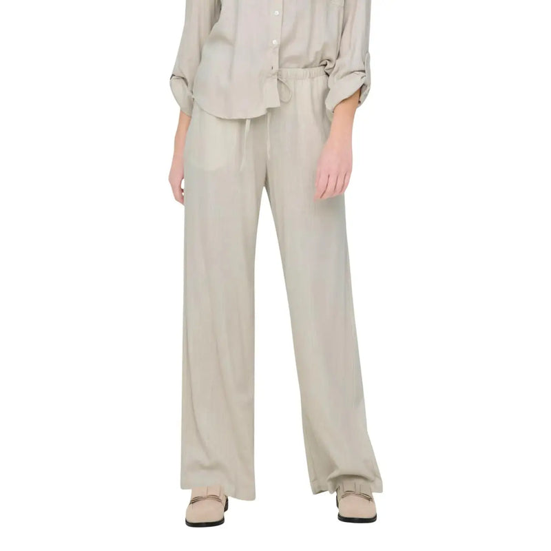 Jacqueline de yong women grey linen trousers regular fit with beige wide-leg design drawstring waist and subtle pleats