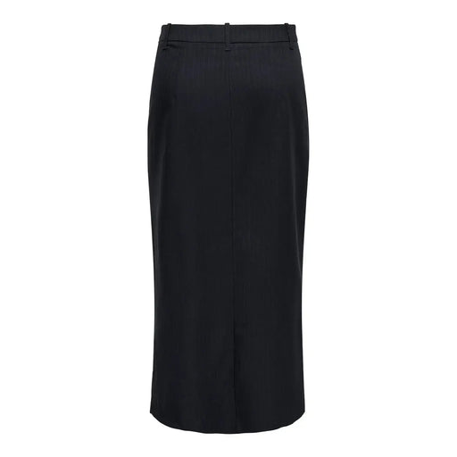 Black high-waisted midi skirt with sleek straight-cut silhouette and subtle front seam detail in polyester blend