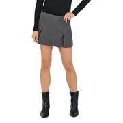 A fitted dark gray jacqueline de yong mini skirt with a subtle herringbone pattern and front pleats in polyester elastane