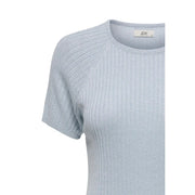 Jacqueline de Yong women light blue ribbed knit viscose t shirt with round neck short sleeves and subtle shimmer