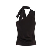 Jacqueline de yong women one shoulder brown scarf top lyocell with black satin halter tied neckband and asymmetrical cutout