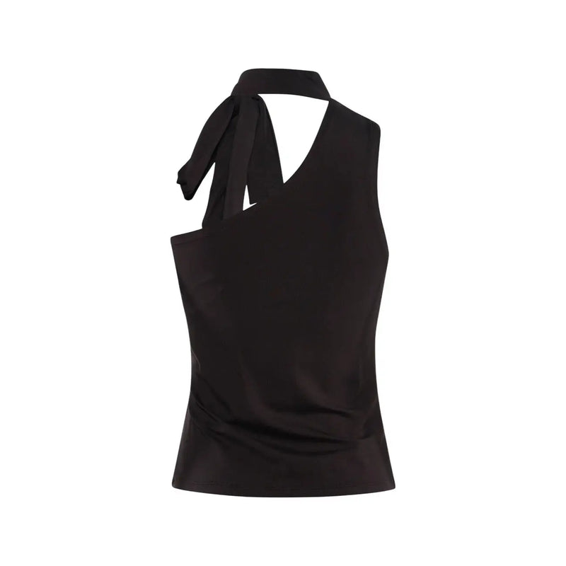 Jacqueline de yong women one shoulder brown scarf top lyocell with black satin halter tied neckband and asymmetrical cutout