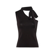 Black satin halter top with tied bow detail at the neckline by Jacqueline de Yong women one shoulder brown scarf top lyocell