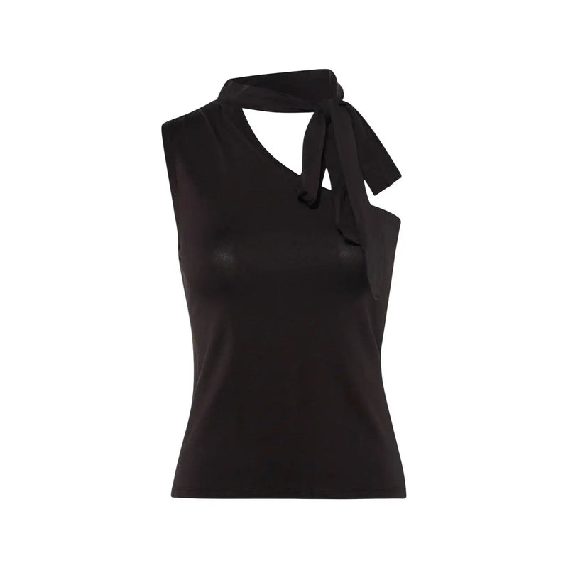 Black satin halter top with tied bow detail at the neckline by Jacqueline de Yong women one shoulder brown scarf top lyocell